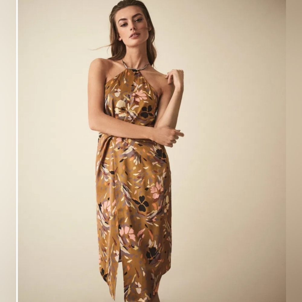 REISS Paola Floral Print Halter-neck Cocktail Dress. Size: 6.
